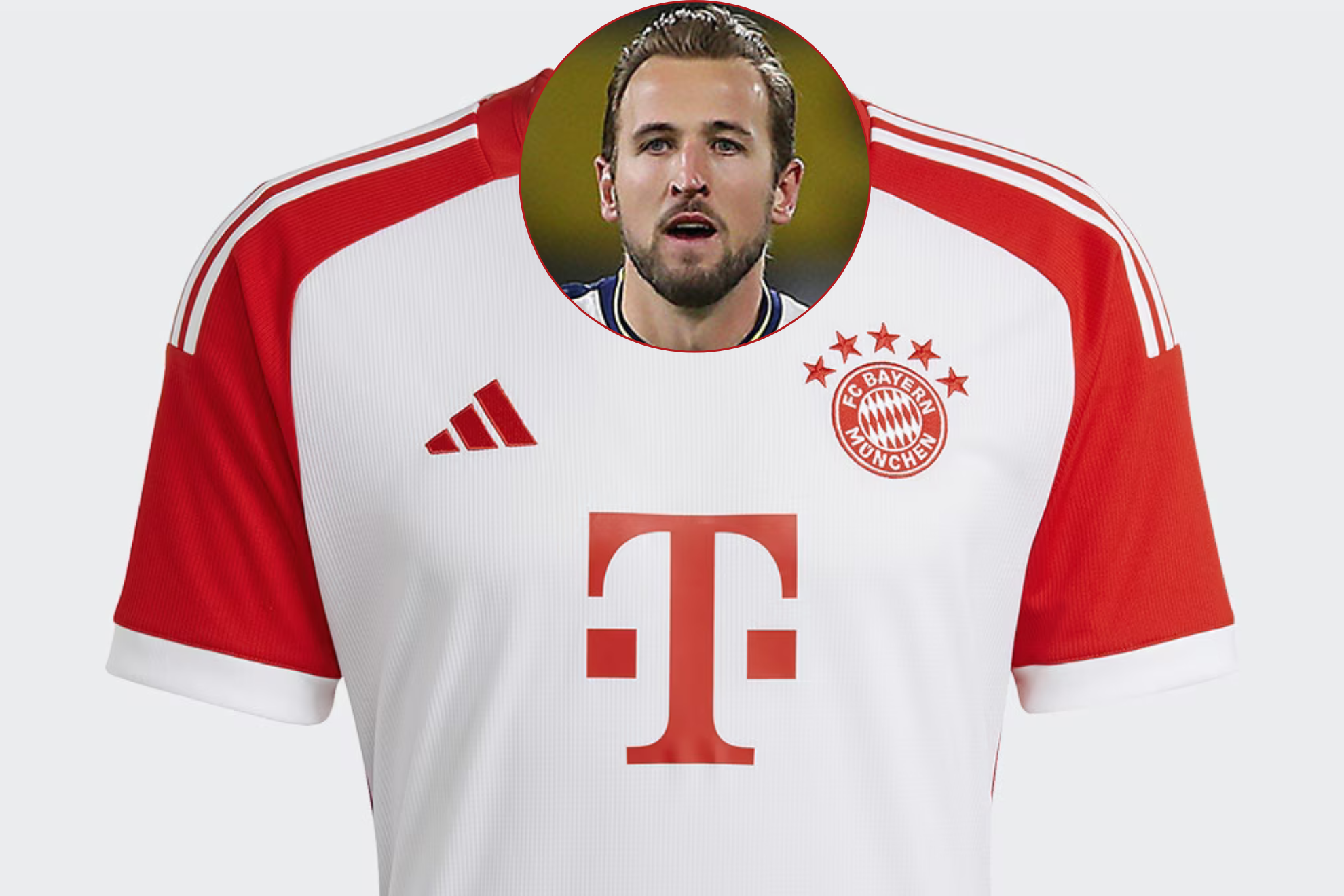 Montaje de la camiseta del Bayern con una imagen de Harry Kane.