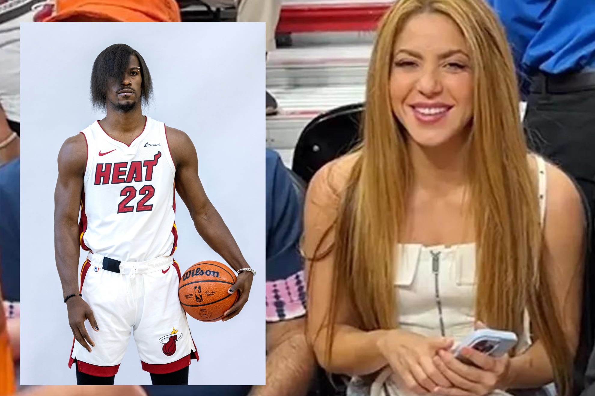 Shakira, durante un partido de los Heat, y Butler, en una producci�n de fotos.