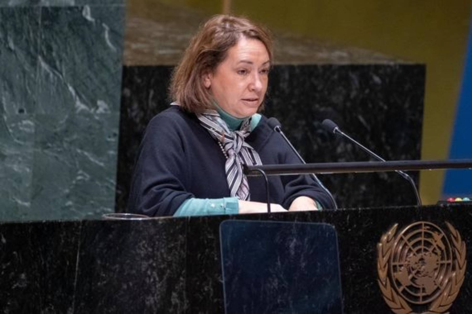 Alicia Buenrostro ante la Asamblea de la ONU hablando de la guerra en israel