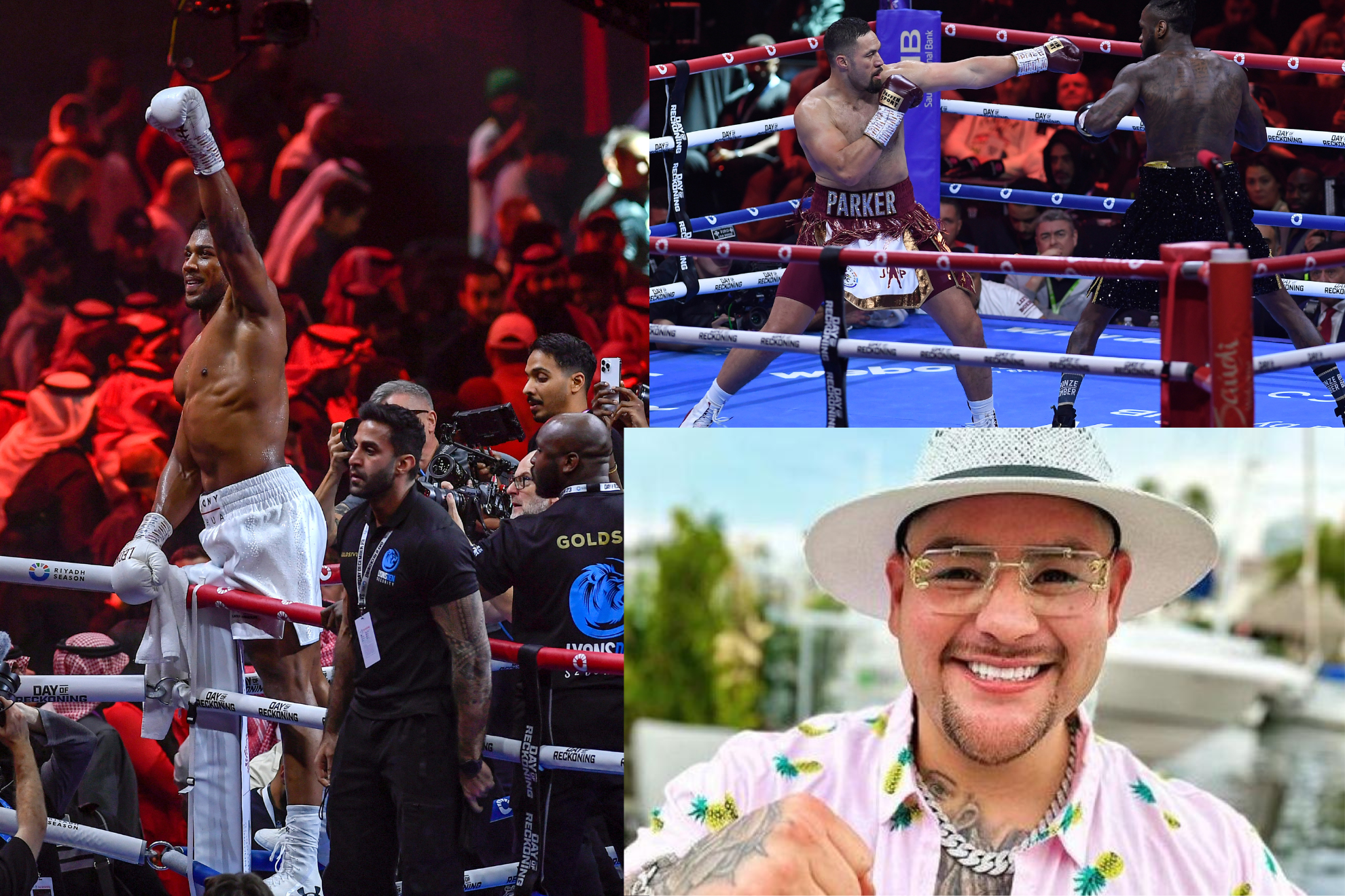 Andy Ruiz y su nuevo aspecto f�sico en un montaje con las victorias de Joshua y Parker.