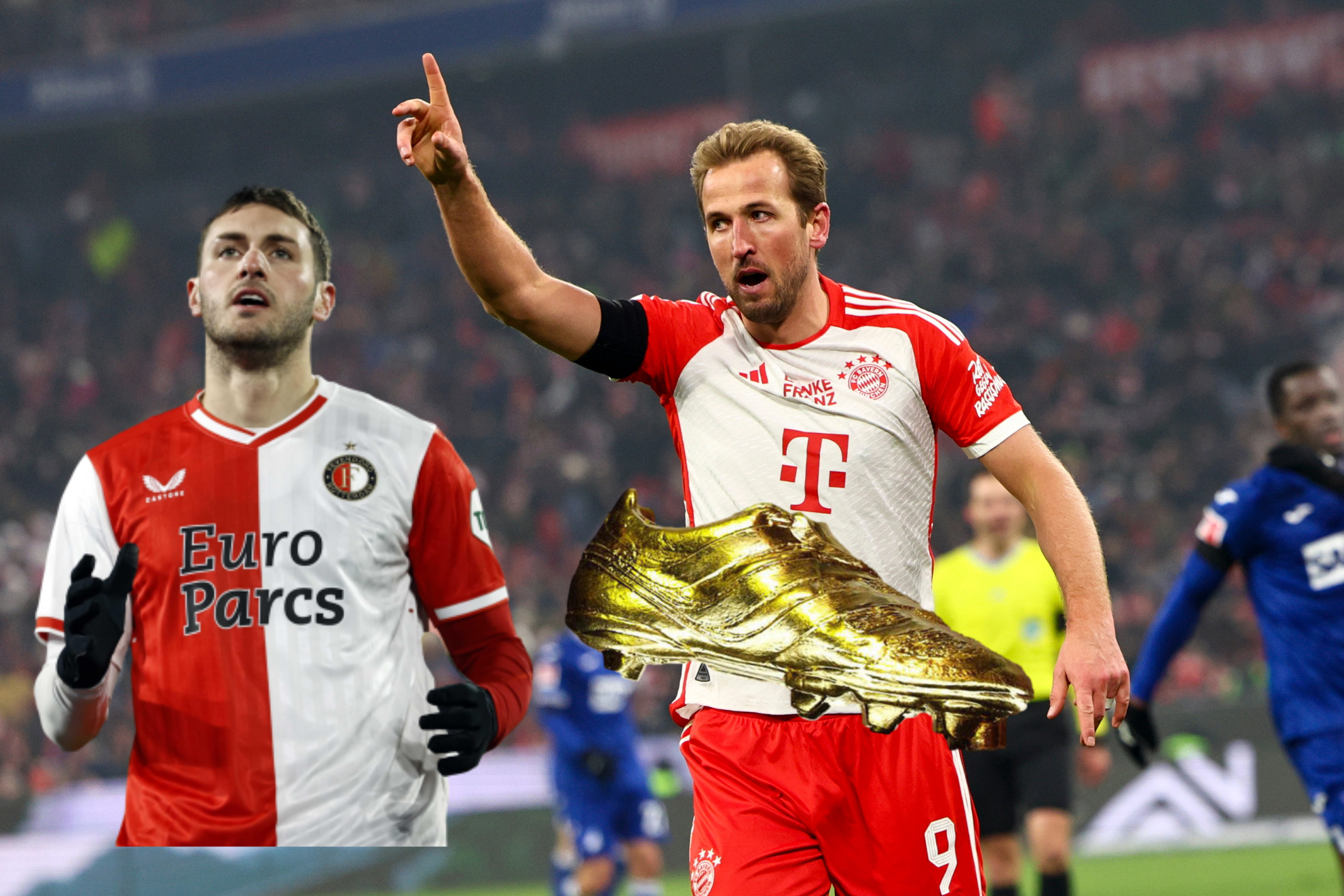 Kane celebra un gol en un montaje con Santi Gim�nez y la Bota de Oro.