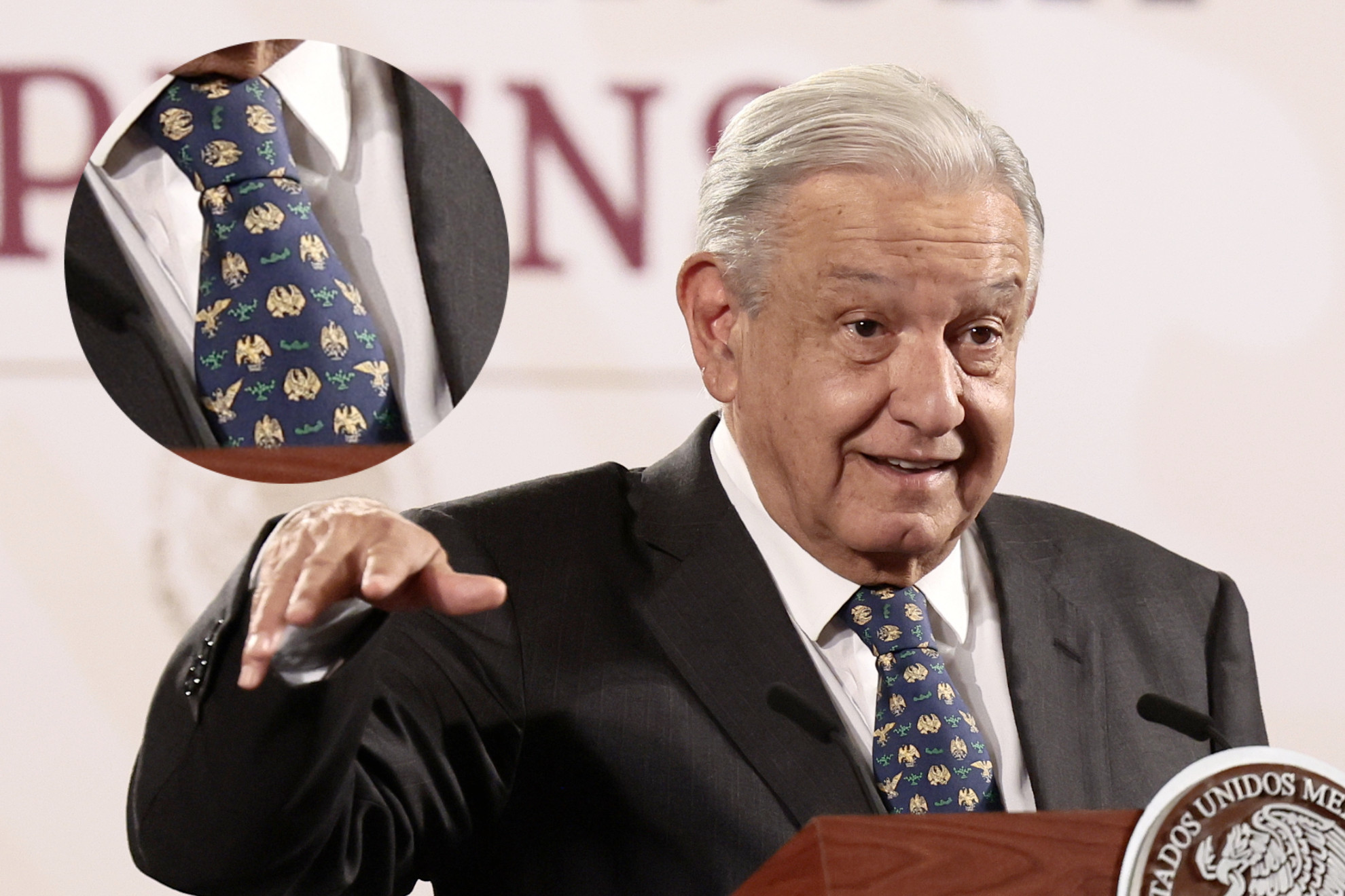 El presidente Andr�s Manuel L�pez Obrador uso una corbata de �guilas hoy  en su conferencia
