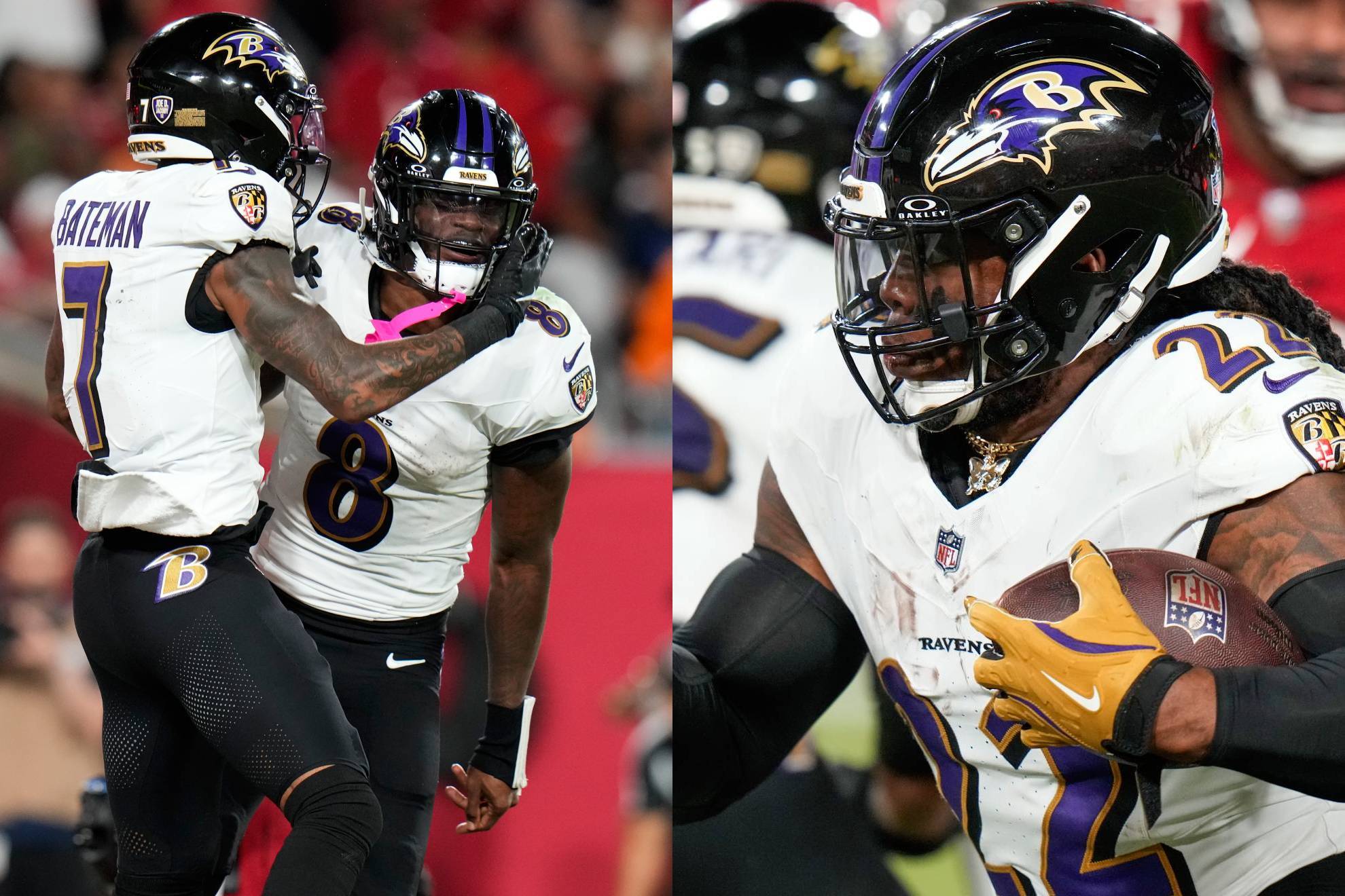 Rashod Bateman, Lamar Jackson y Derrick Henry.