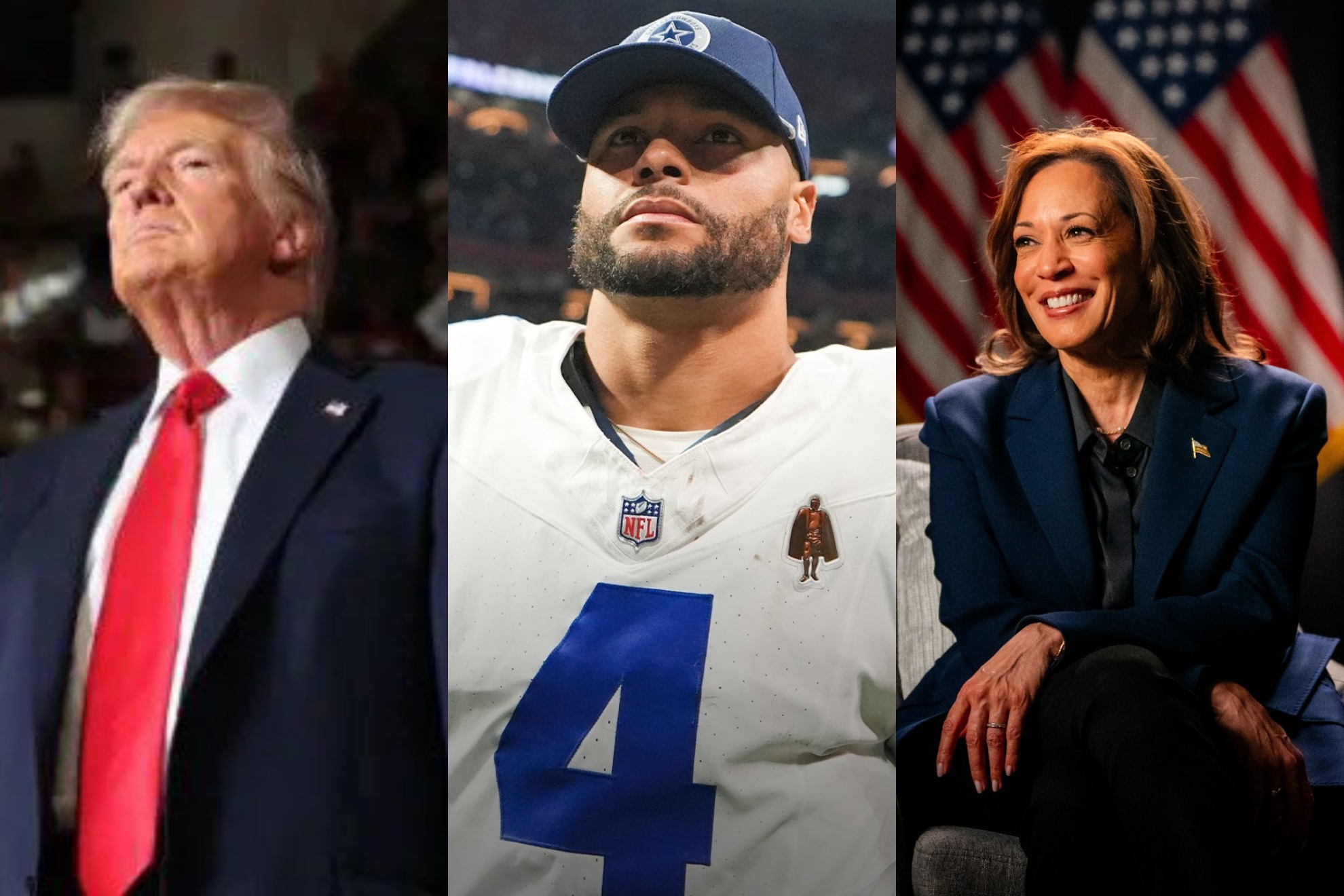 Donald Trump (Izq.), Dak Prescott (Cen.) y Kamala Harris (Der.)