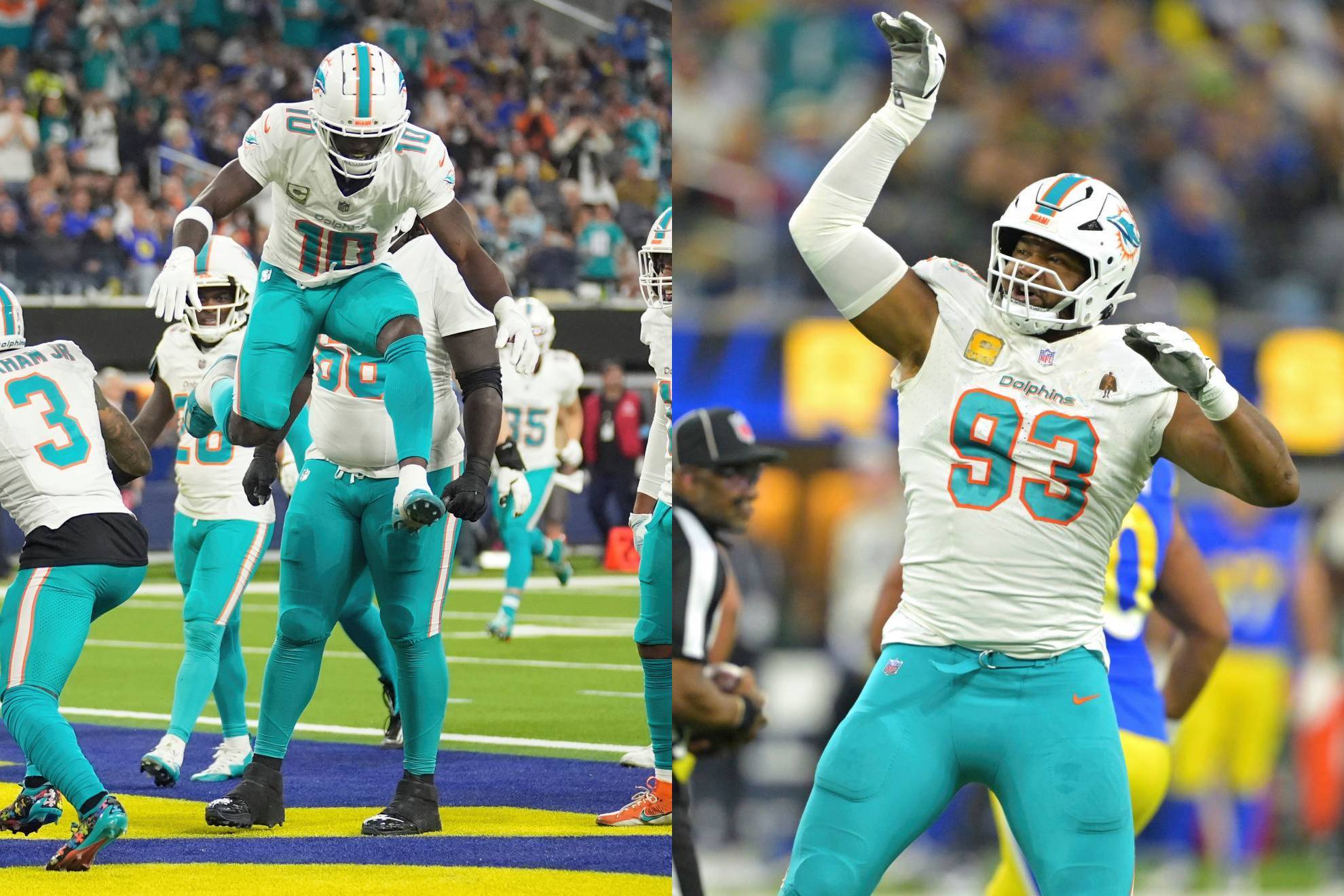 Tyreek Hill (10) y Calais Campbell (93).