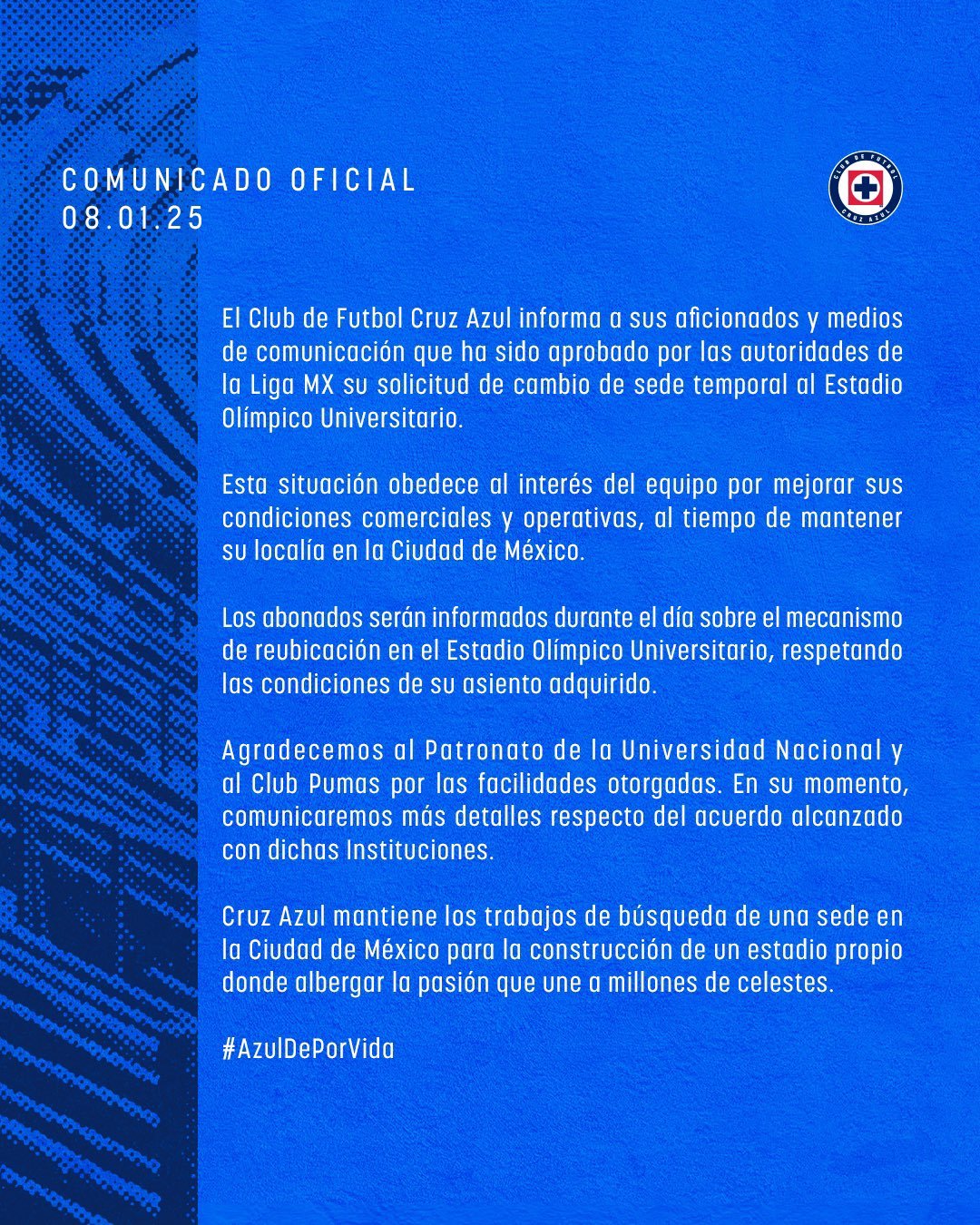 El comunicado de la mudanza al Estadio Ol�mpico Universitario