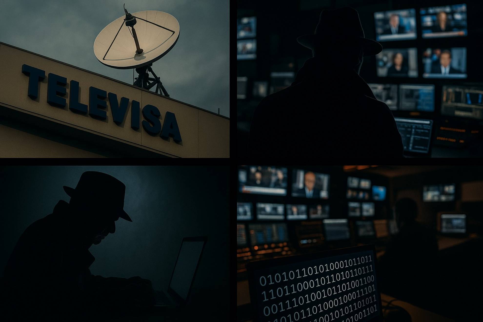 Collage art�stico que evoca las estrategias encubiertas y campa�as de desinformaci�n atribuidas a Televisa en la revelaci�n de #TelevisaLeaks.