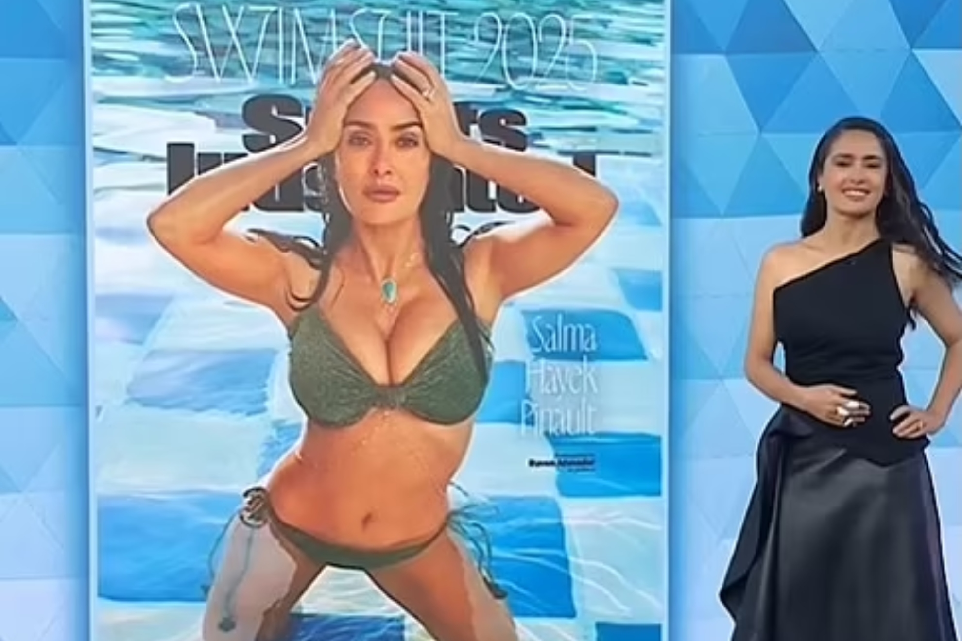 Salma Hayek posa delante de la portada de Sports Illustrated