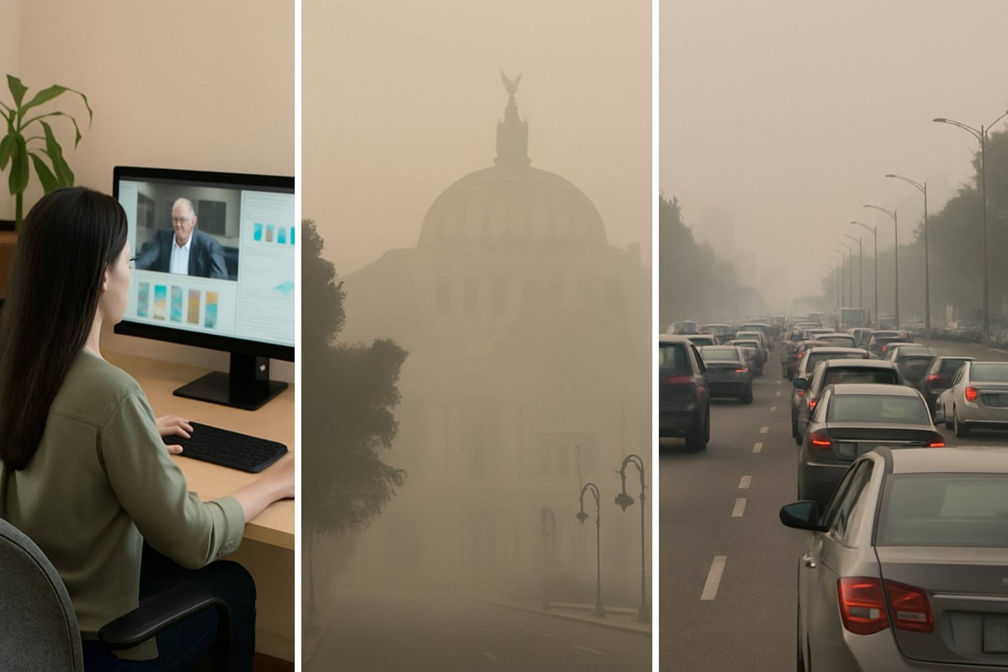 Una mujer trabaja desde casa mientras la ciudad enfrenta altos niveles de contaminaci�n y tr�fico congestionado, record�ndonos la urgencia de adoptar el home office en d�as de contingencia ambiental.