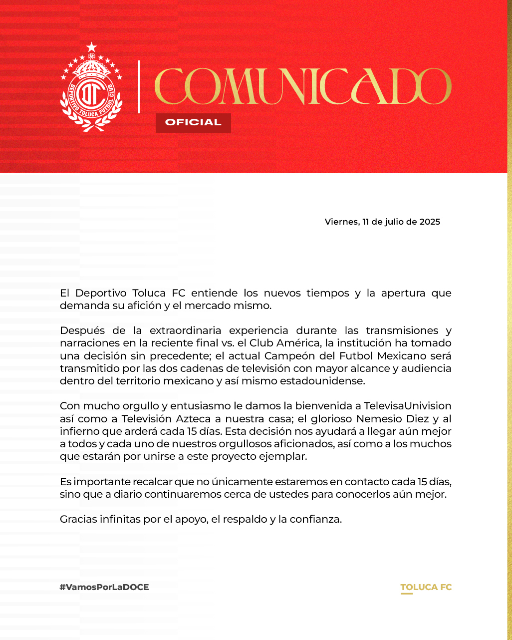 Los partidos de local de los Diablos Rojos se ver�n por TV Azteca y Televisa para M�xico