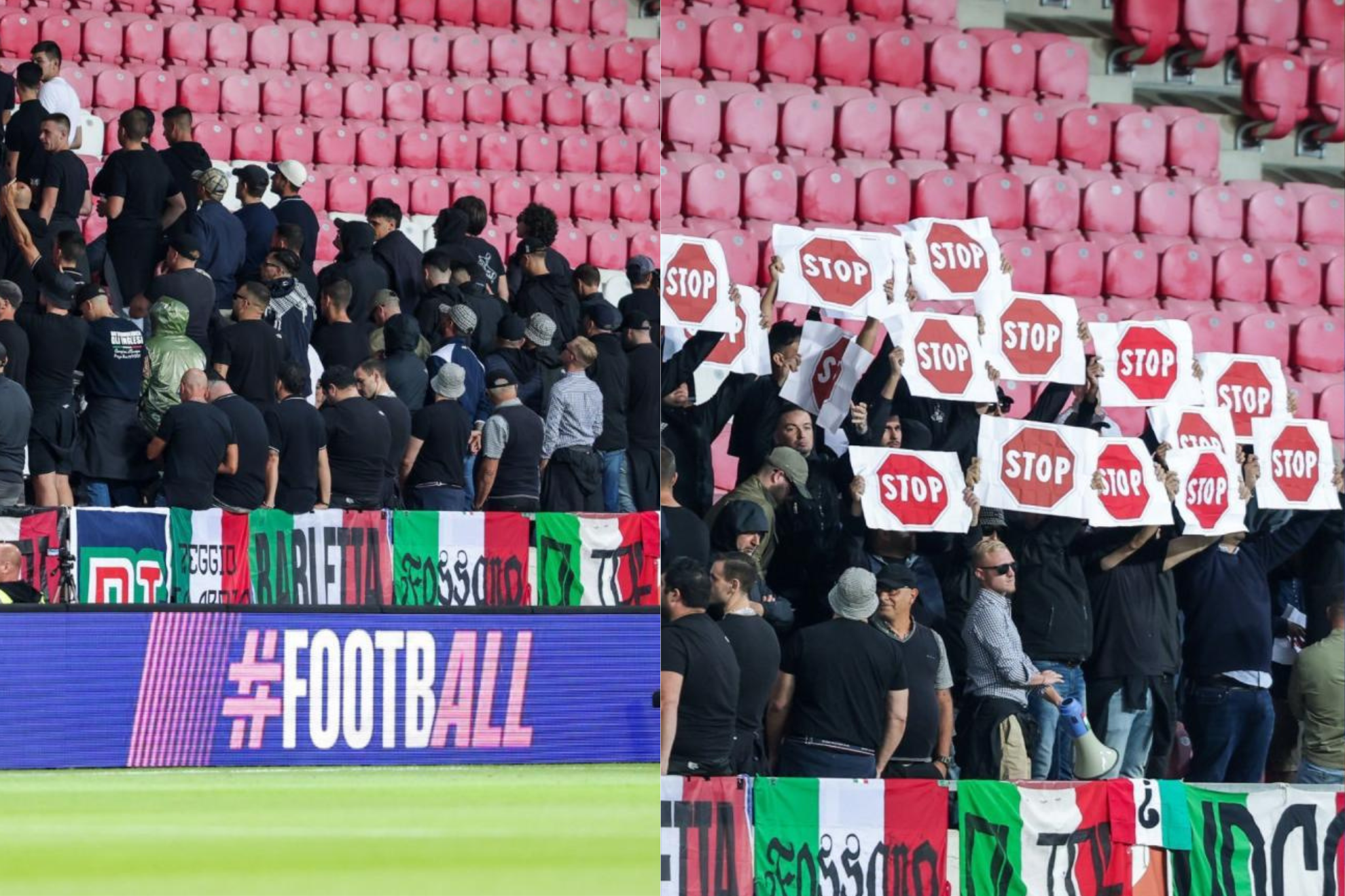 Los hinchas italianos y sus protestas durante el partido con Israel.