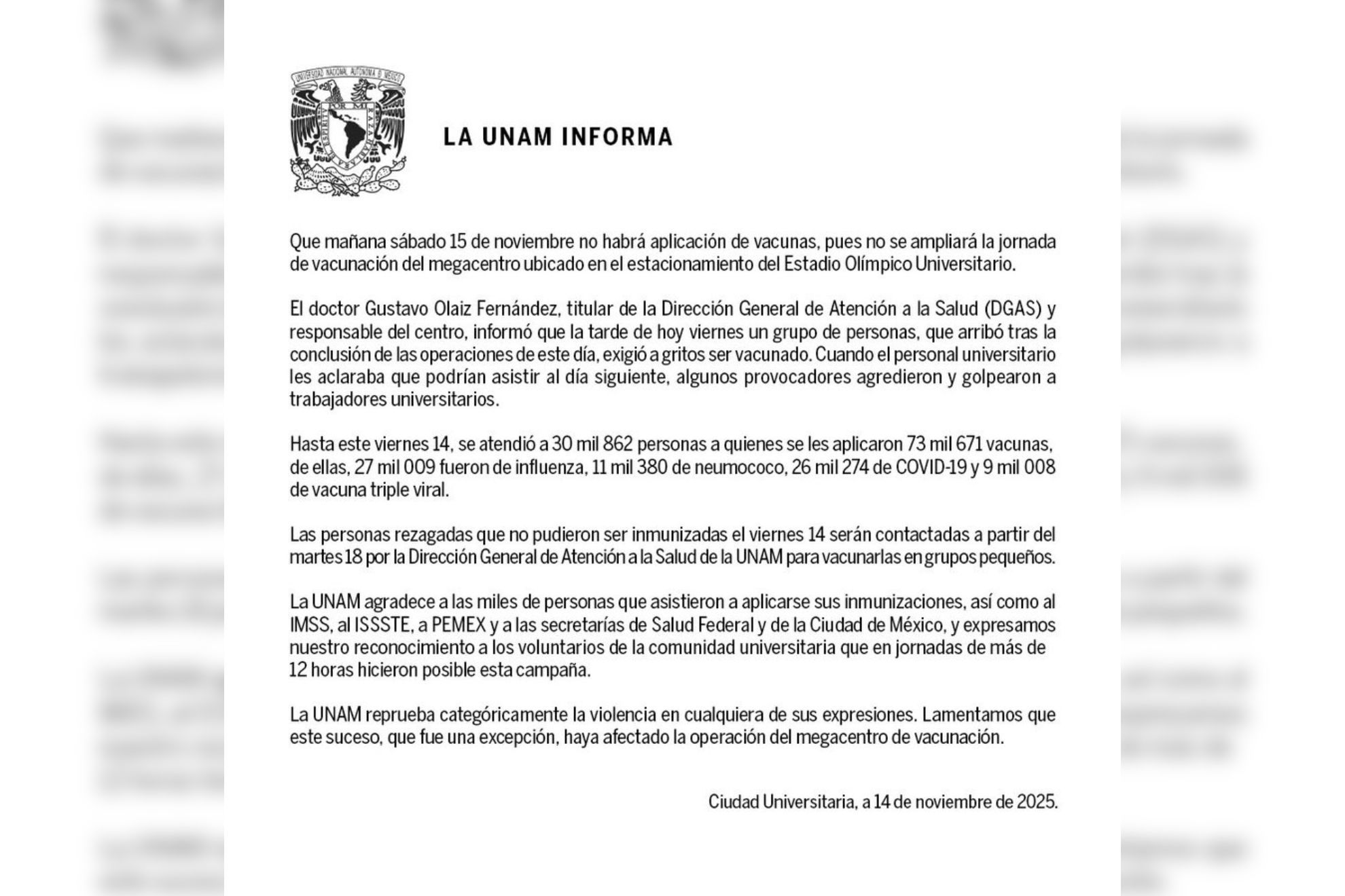 UNAM suspende megacentro de vacunaci�n por agresi�n a trabajadores