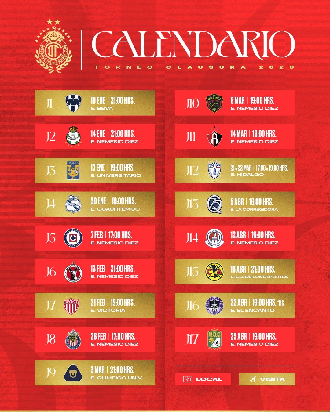 El calendario de los Diablos Rojos para el Clausura 2026 de Liga MX