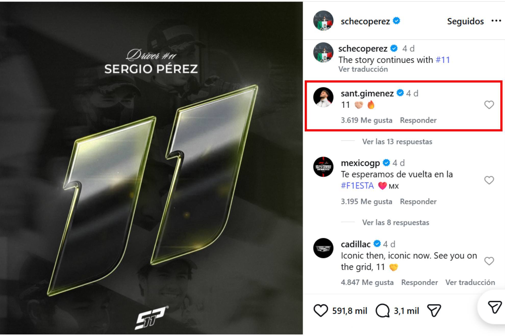 La respuesta de Santi Gim�nez en la publicaci�n de Checo P�rez