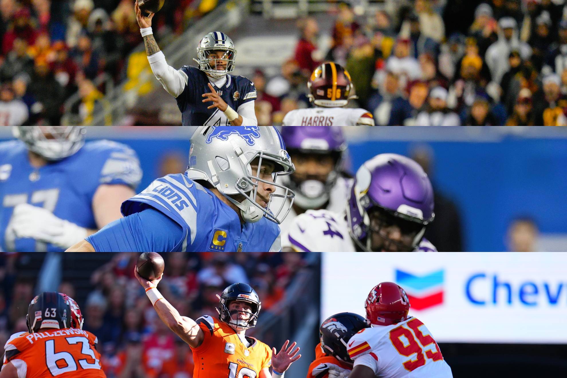 Cowboys vs. Commanders, Lions vs. Vikings y Broncos vs. Chiefs.