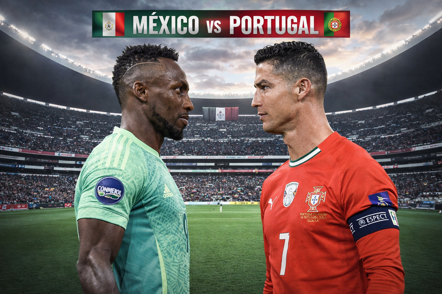 Qui�ones y Cristiano Ronaldo en un montaje en el estadio Azteca.