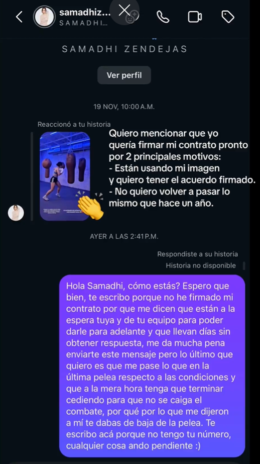 Mensaje de Alana a Samadhi en Instagram