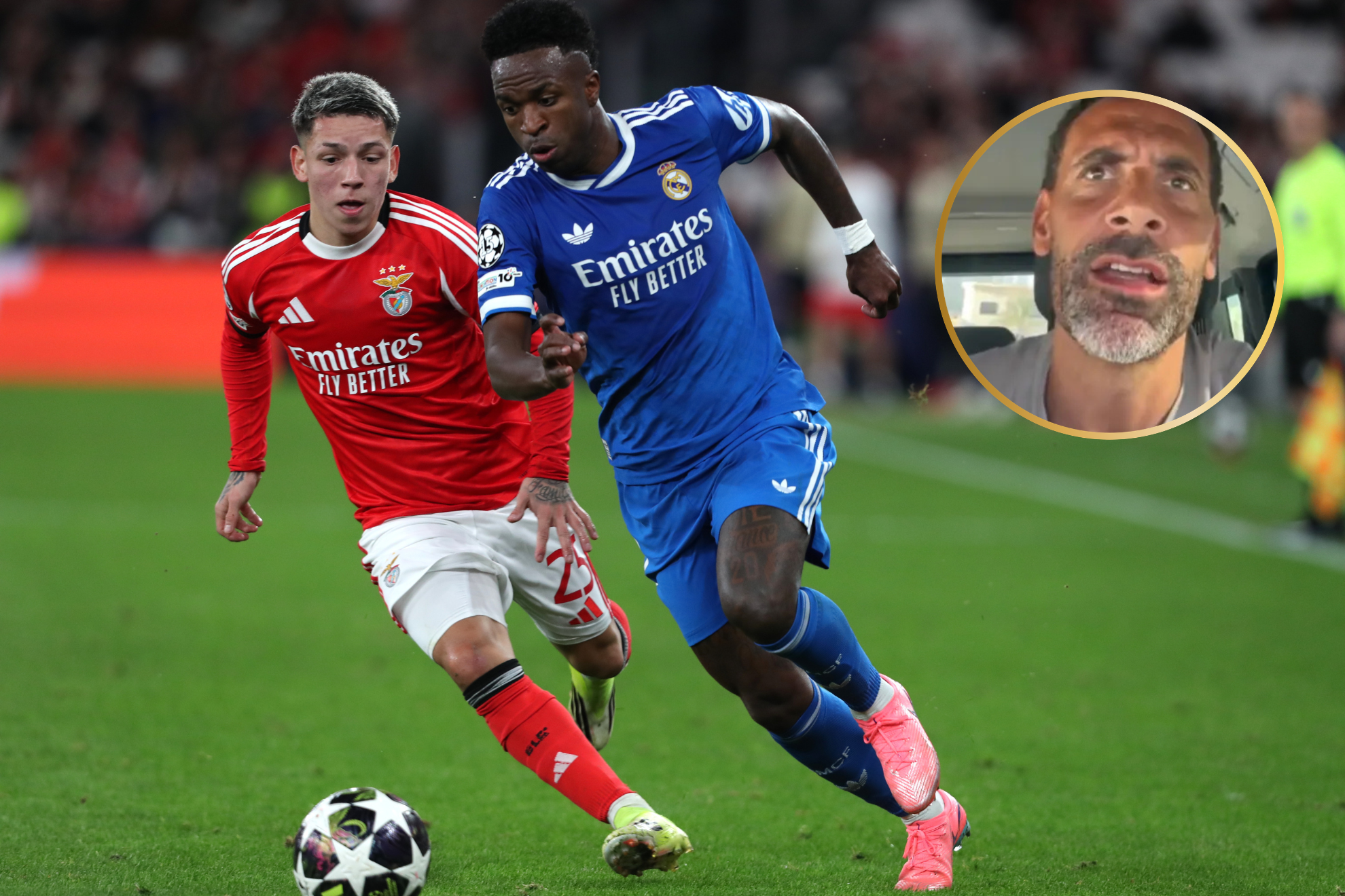 Prestianni y Vinicius duante el partido jugado en Lisboa, con Ferdinand en el c�rculo.