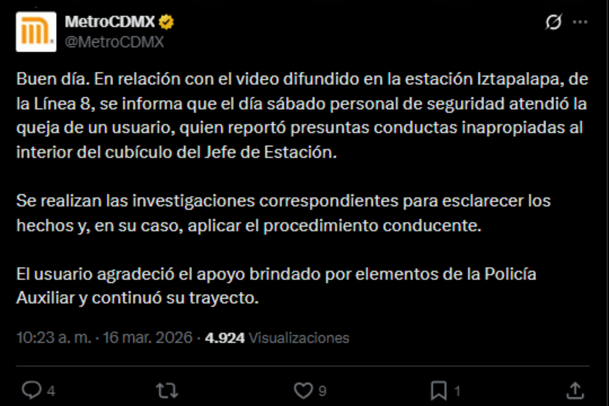 Metro afirma que investigar� al supuesto jefe de estaci�n por uso indebido de las instalaciones