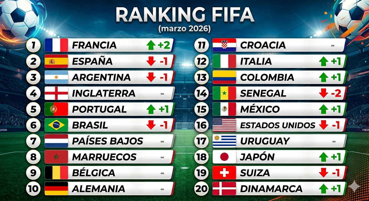 Las 20 mejores selecciones después de la Fecha FIFA de marzo 2026