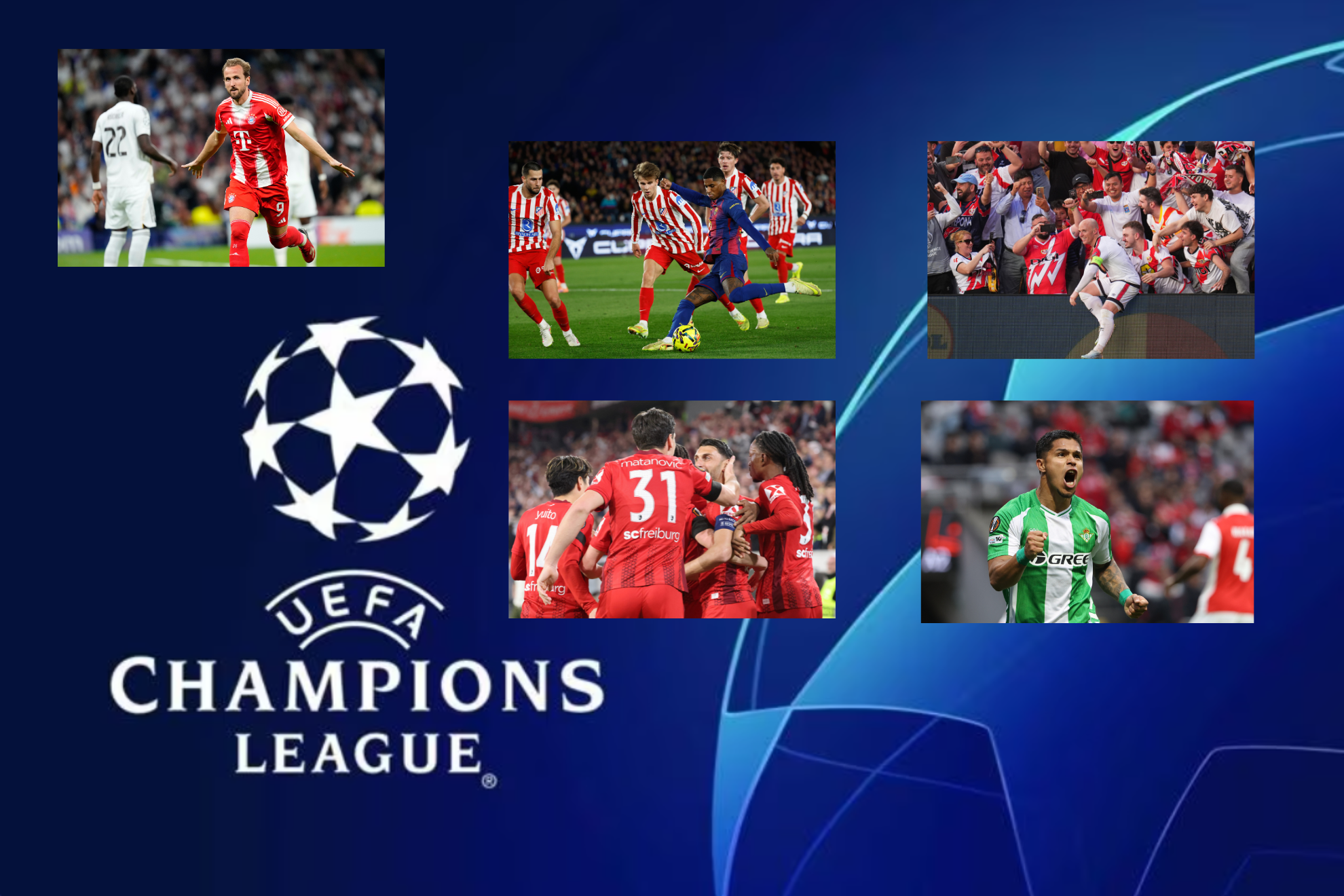 El escudo de la Champions en un montaje con im�genes de partidos europeos.