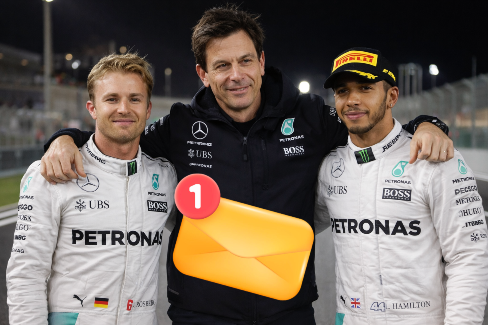 Toto Wolff abraza a Rosberg y Hamilton en un montaje creado con IA.