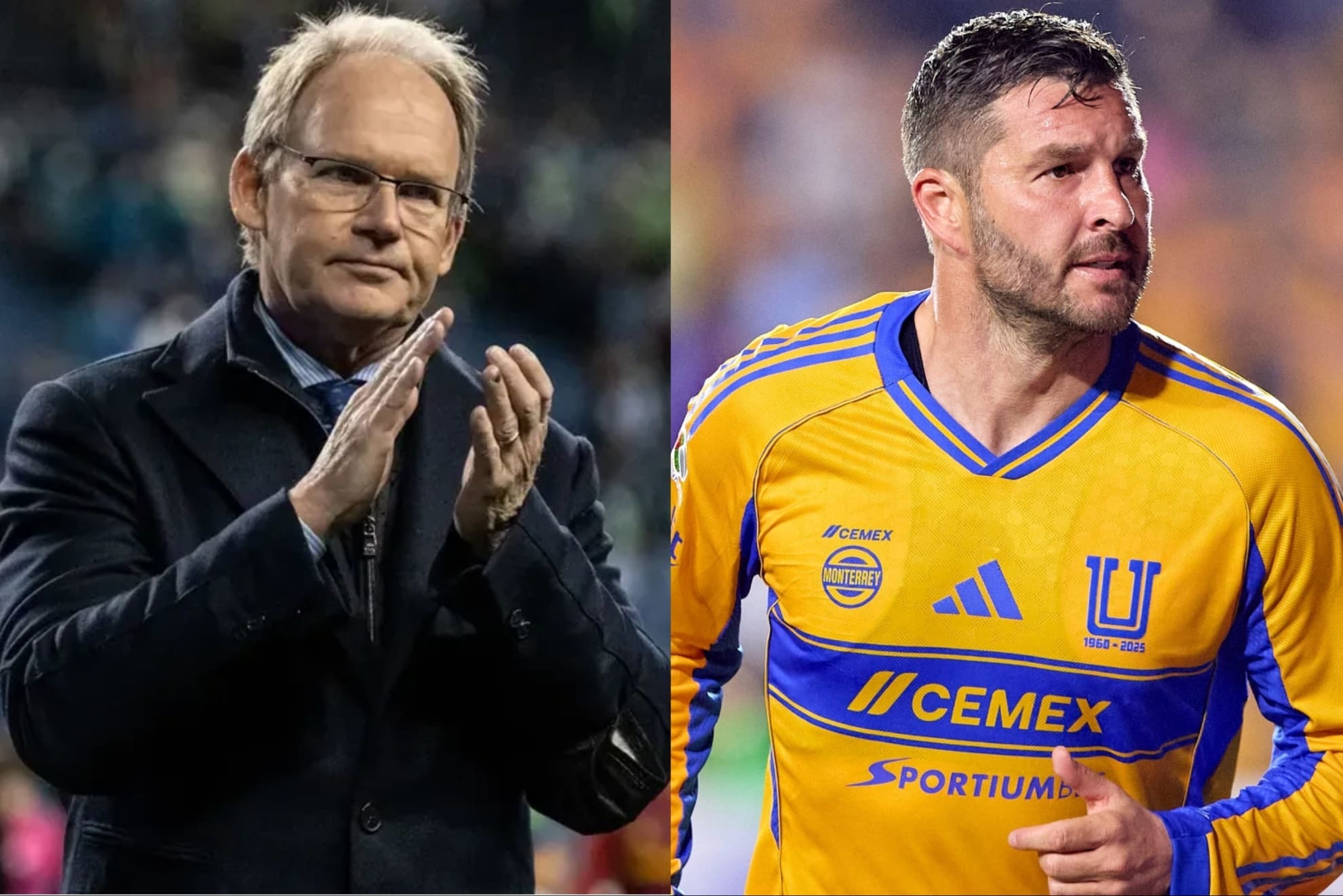 El DT de Seattle Sounders, Brian Schmetrzer (izq.) reta a Gignac y los Tigres para el juego de Vuelta de los Cuartos de Final de Concachampions.