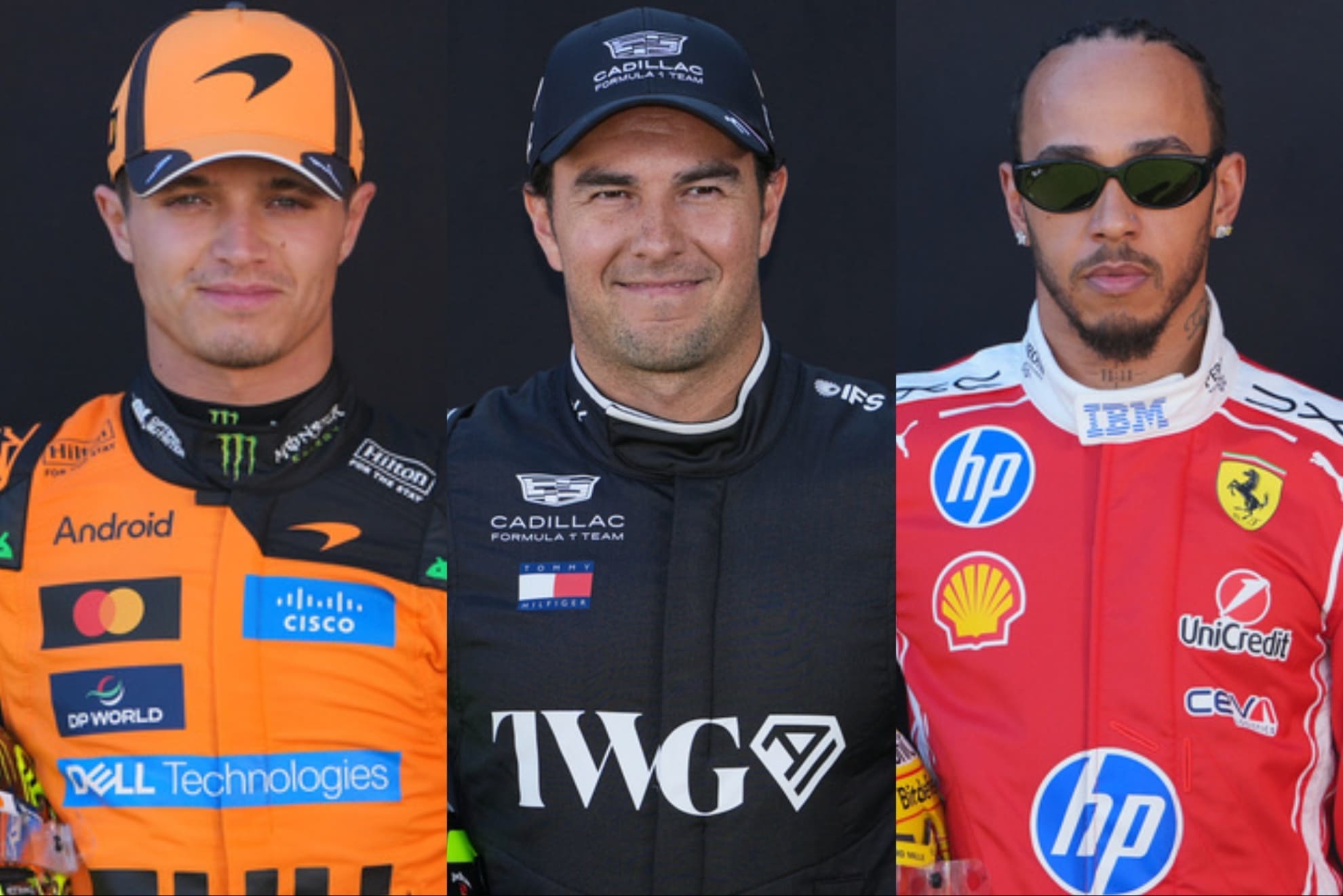 Sergio Checo P�rez (centro) y Cadillac dar�n la pelea a Lando Norris (der.) de McLaren y Lewis Hamilton (der.) de Ferrari.