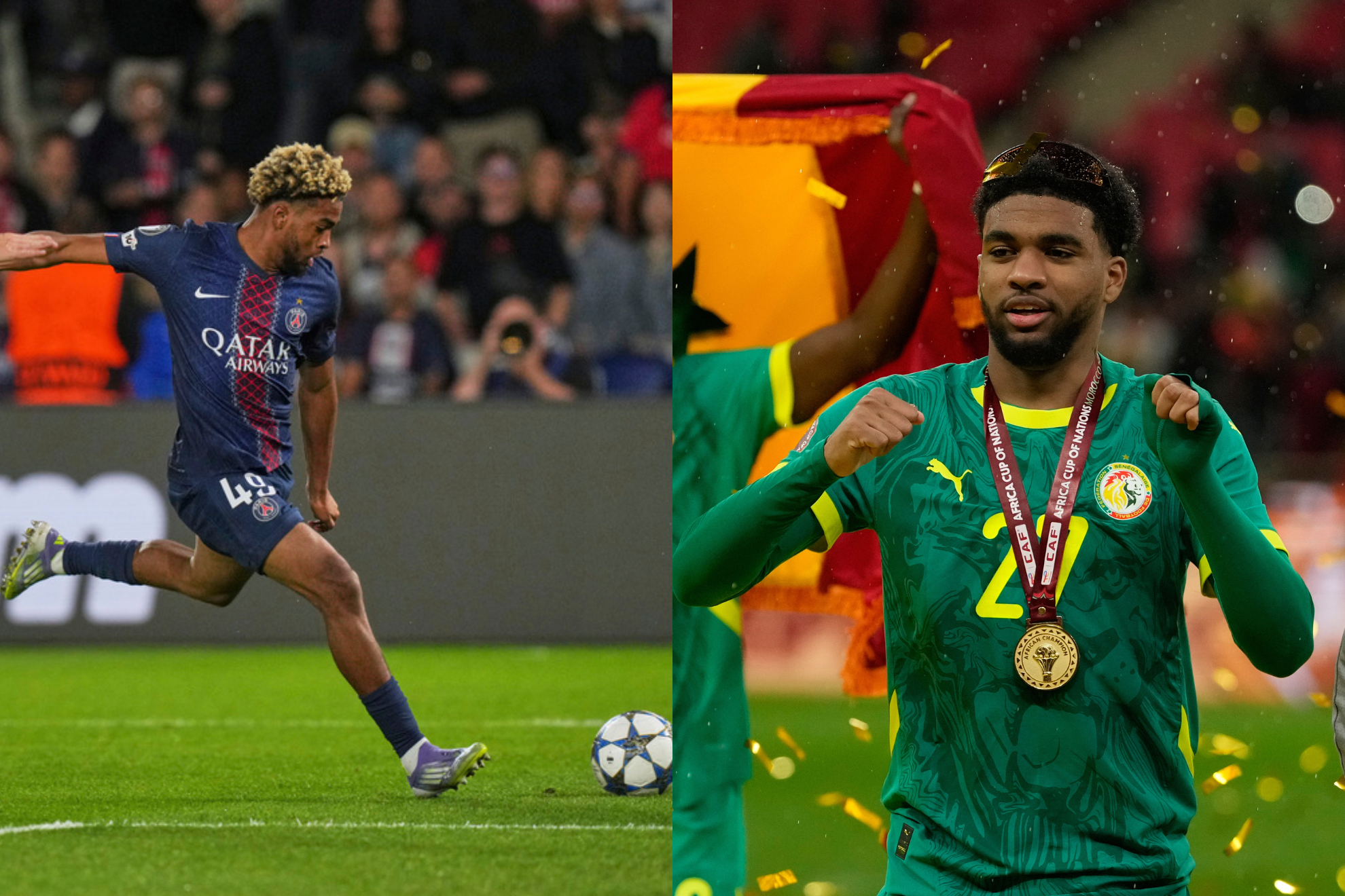 Mbaye, con la camiseta del PSG, a la izquierda, y celebrando el t�tulo con Senegal.