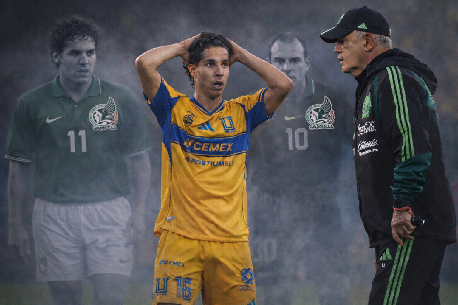 Un montaje de IA con Hermosillo, Lainez, Cuau y Javier Aguirre.
