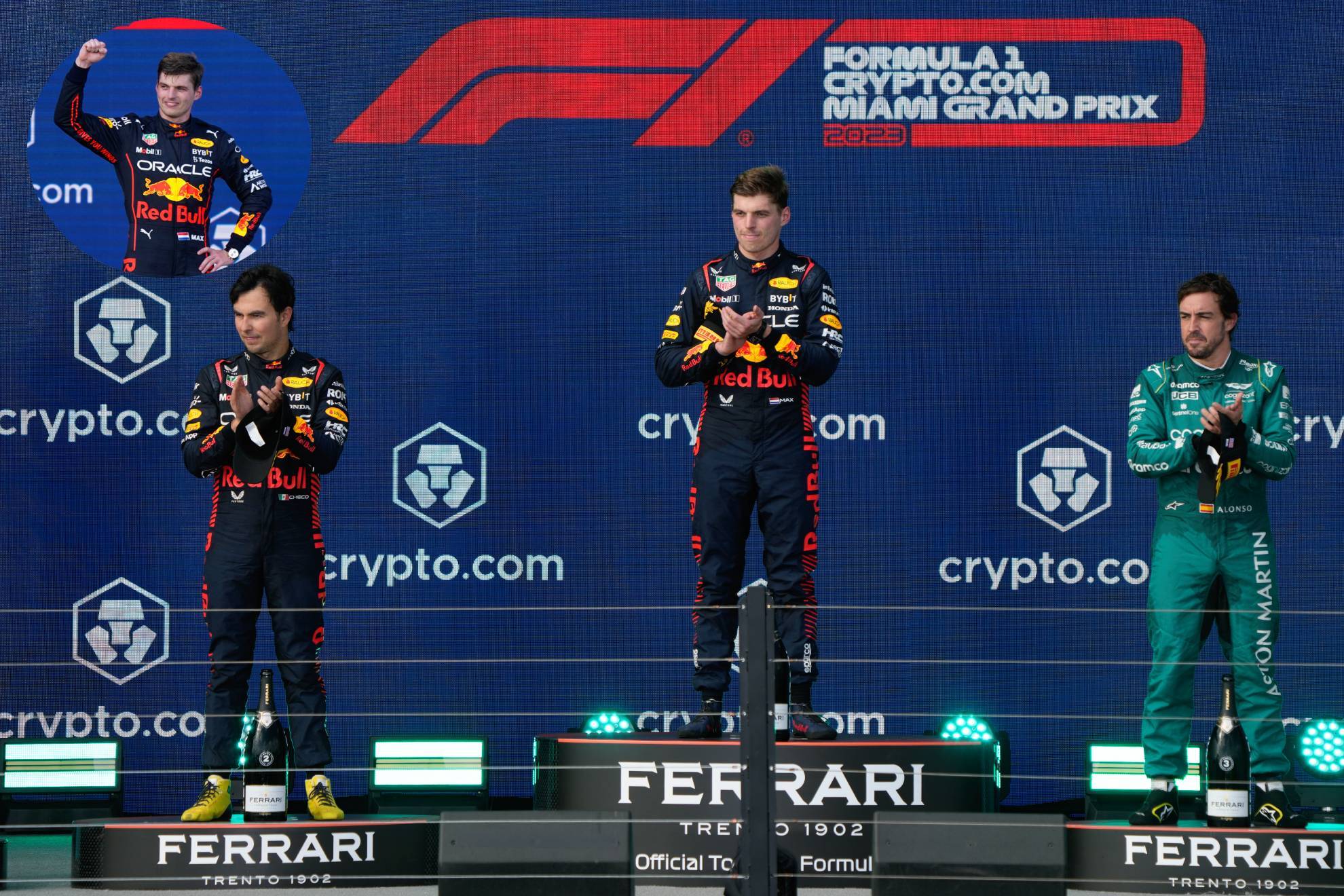 Sergio Checo P�rez, Max Verstappen y Fernando Alonso.