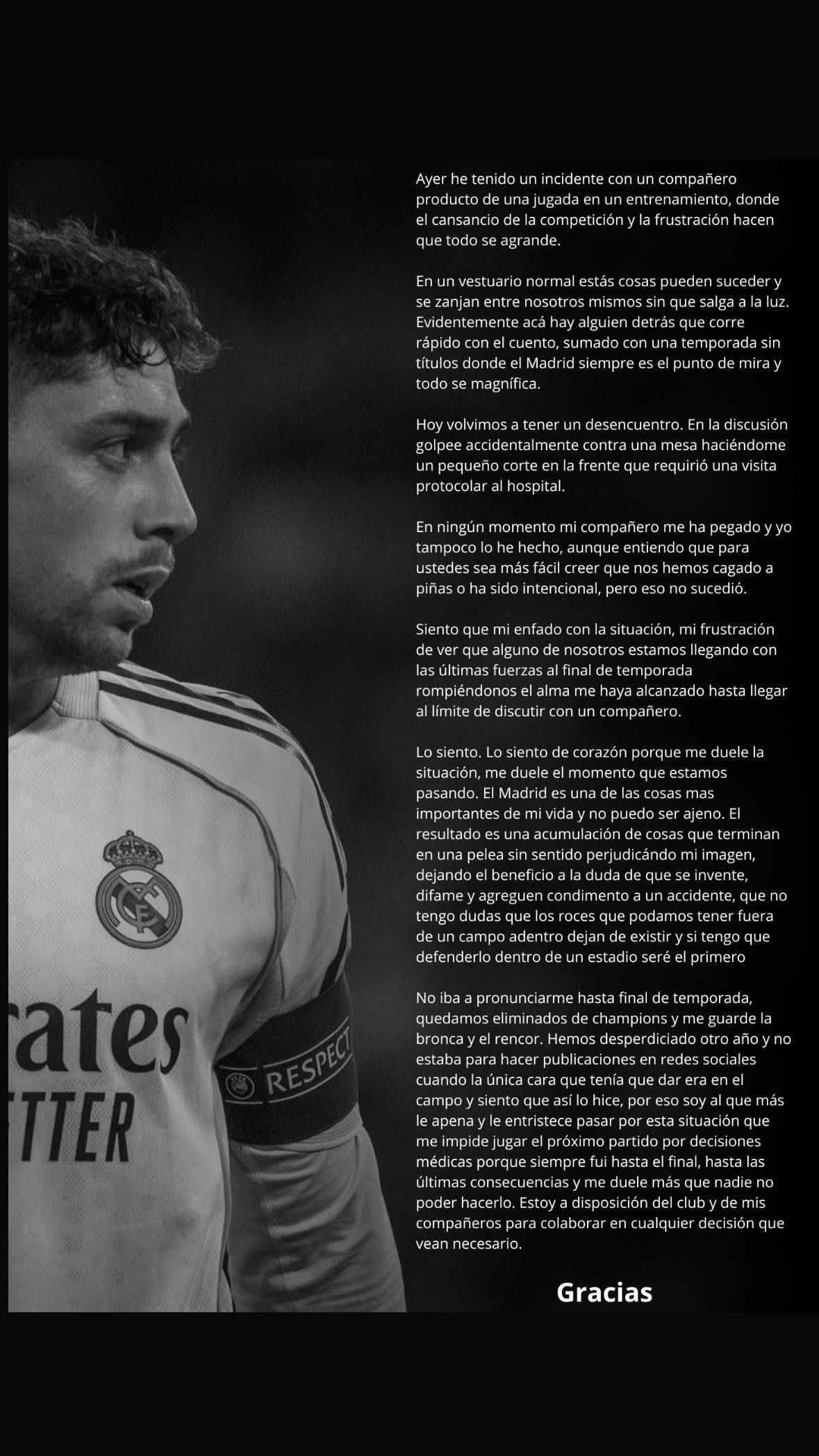 El comunicado íntegro de Fede Valverde