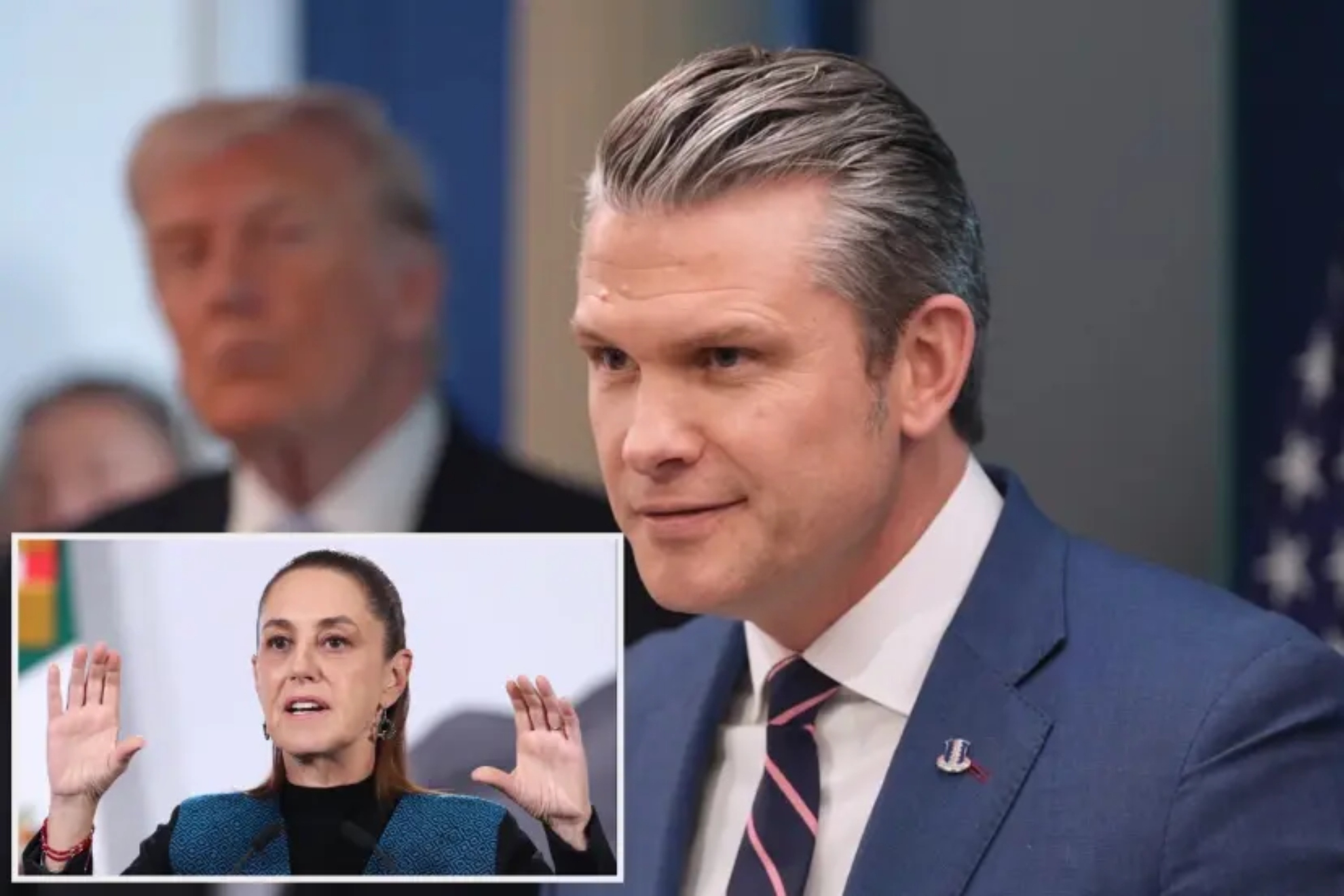 Un montaje con las fotos de Pete Hegseth y Claudia Sheinbaum.