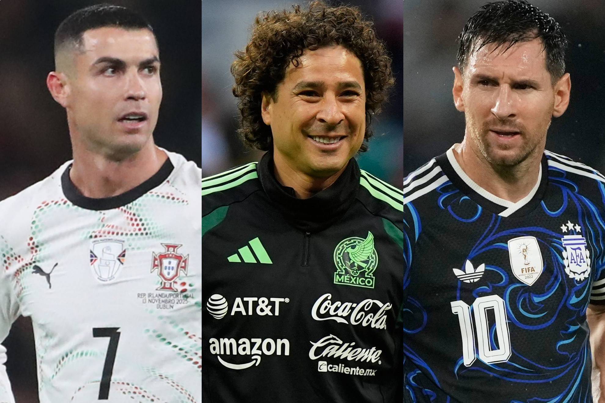 Cristiano Ronaldo, Guillermo Ochoa y Lionel Messi.
